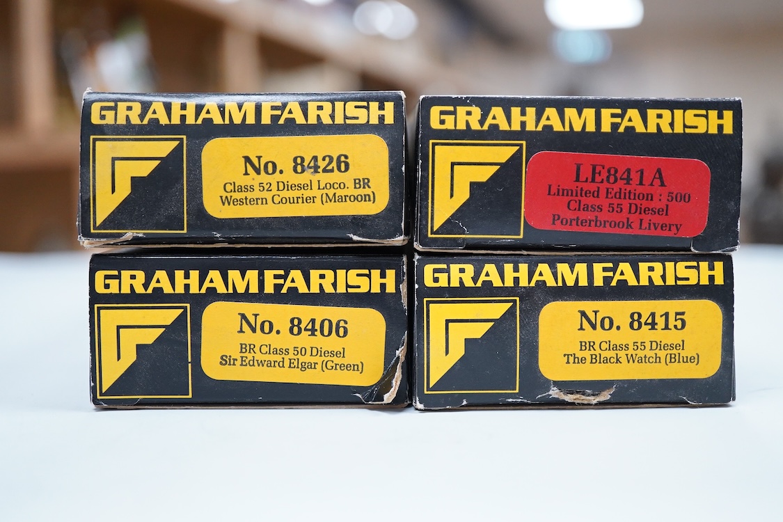 Four boxed Graham Farish N gauge railway diesel locomotives; a BR class 50, Sir Edward Elgar 50007 (8406), a BR class 52, Western Courier D1062 (8426), a BR class 55, The Black Watch 55013, (8415) and a Porterbrook class
